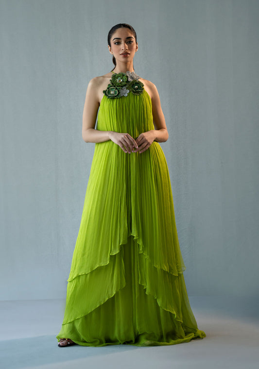 Green Chiffon Dress with 3D floral Embellished Neckline