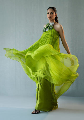 Green Chiffon Dress with 3D floral Embellished Neckline