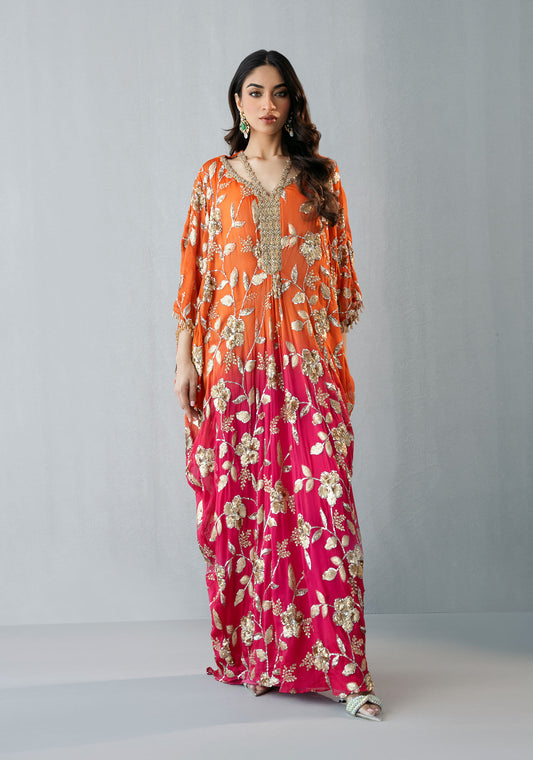 Ombrè Kaftan with Hand Embellished Neckline