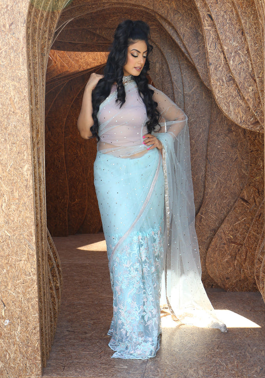 Light Blue Embellished Net Saree