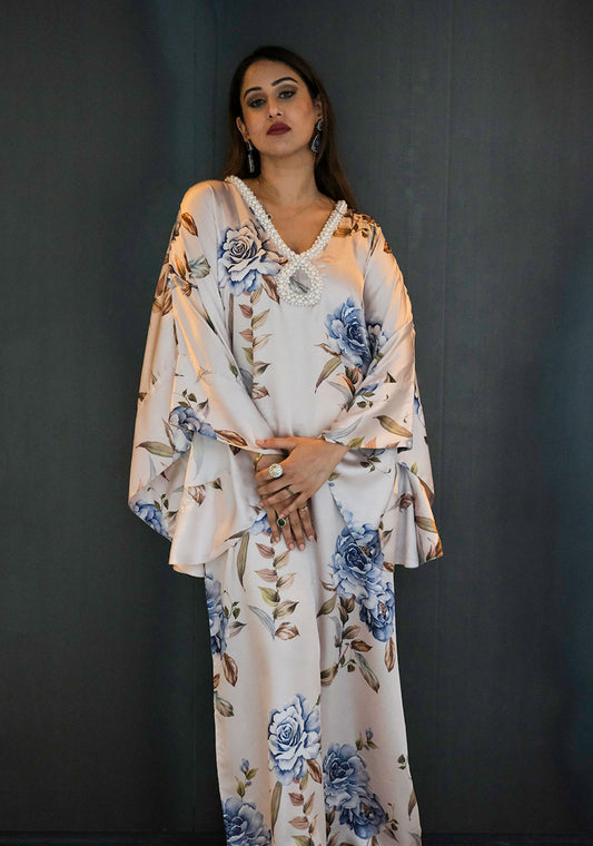 Off White Floral Print Kaftan