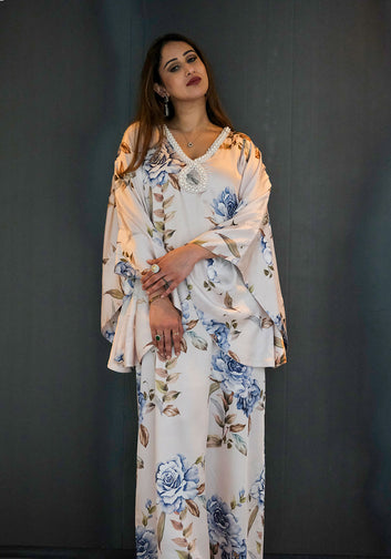 Off White Floral Print Kaftan