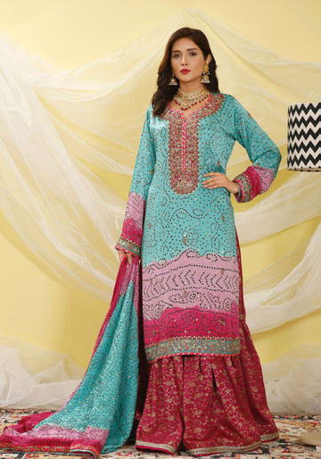 3-Piece Turquoise Silk Bandhani Set