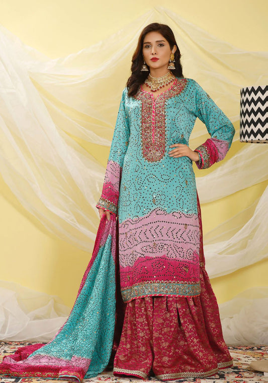 3-Piece Turquoise Silk Bandhani Set