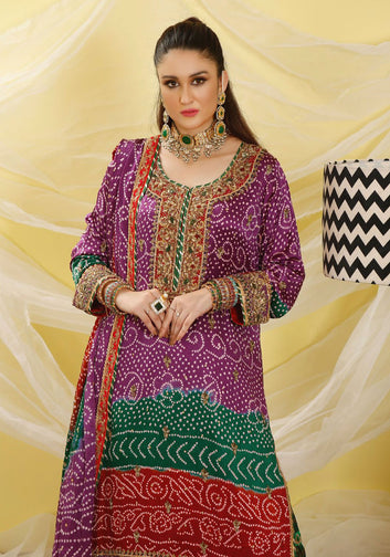 3-Piece Purple Silk Bandhani Set