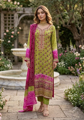 Green & Pink Printed Silk 3-Piece Suit