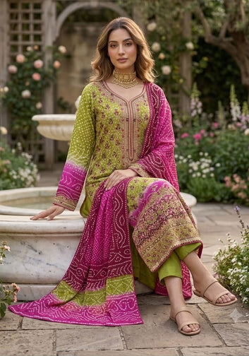 Green & Pink Printed Silk 3-Piece Suit
