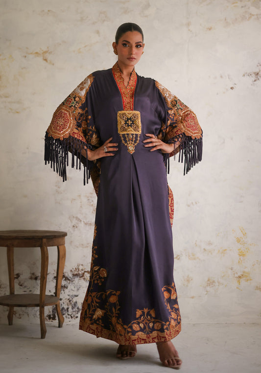 Dark Purple Digital Printed Charmuse Silk kaftan