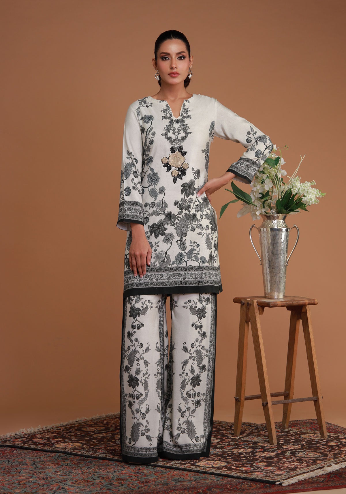 White and Black Embroidered Printed Cord Set