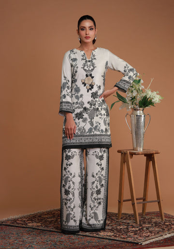 White and Black Embroidered Printed Cord Set