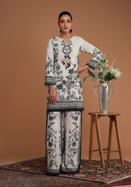 White and Black Embroidered Printed Cord Set
