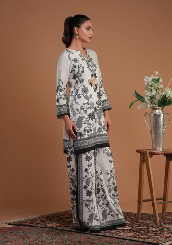 White and Black Embroidered Printed Cord Set