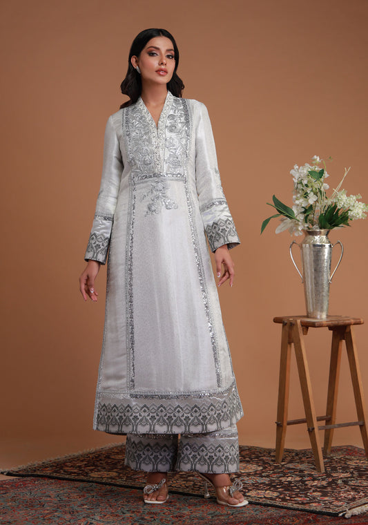Embroidered Traditional Silver-Toned Kameez