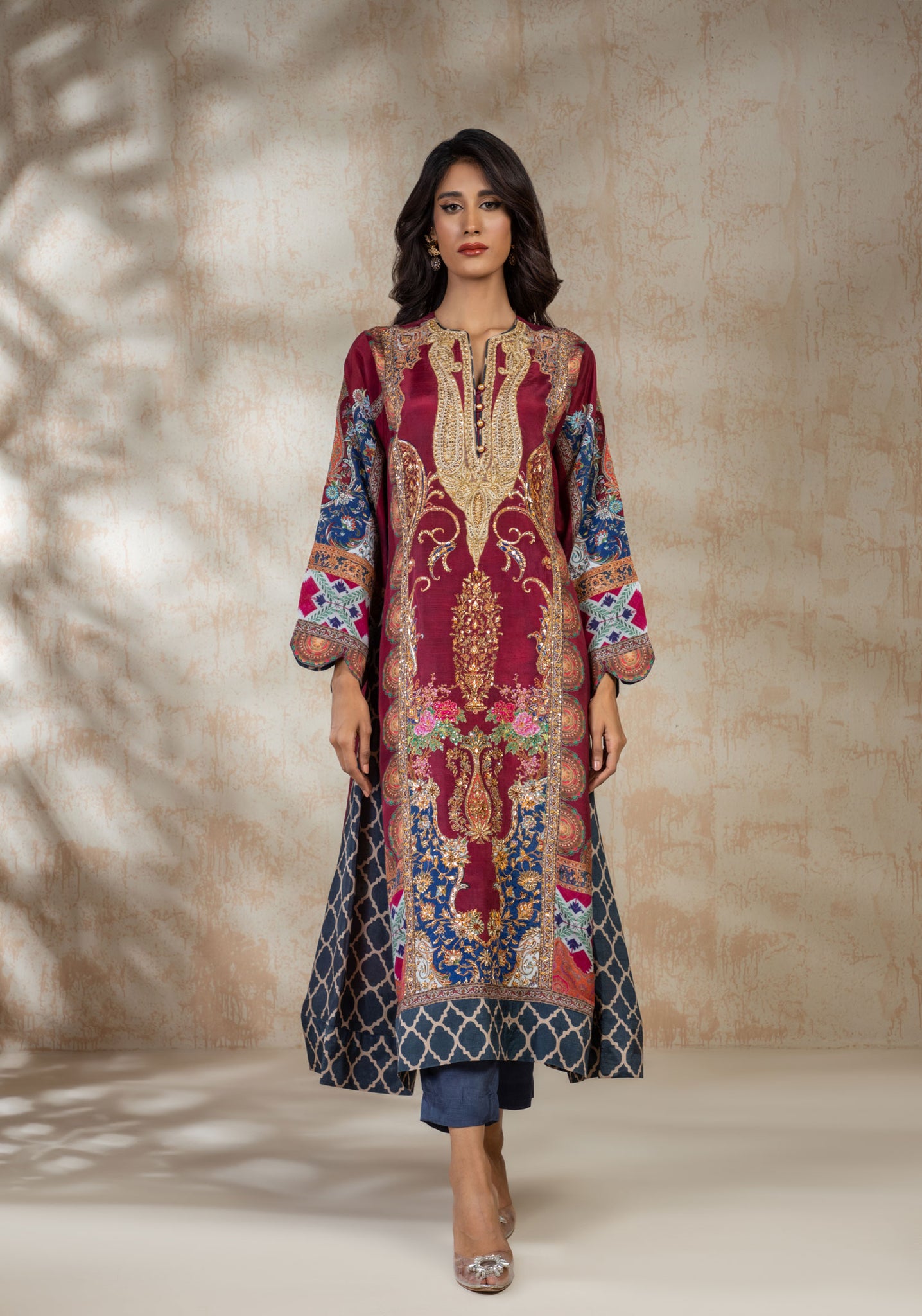 A-Line Shirt Silk Fabric Print Inspired By Mughal Textiles