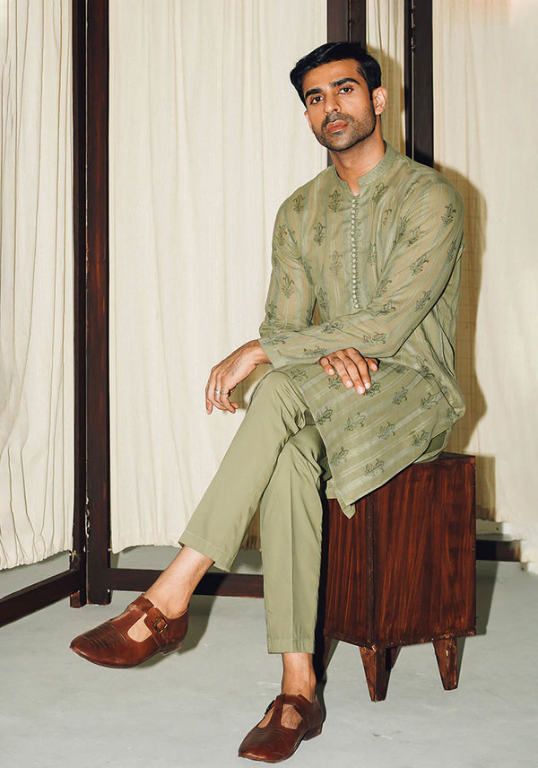 GREEN BLOCK PRINT KURTA PAJAMA