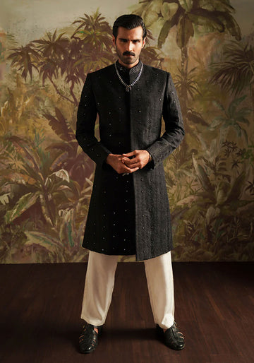 "Dar" Black Embroidered Sherwani