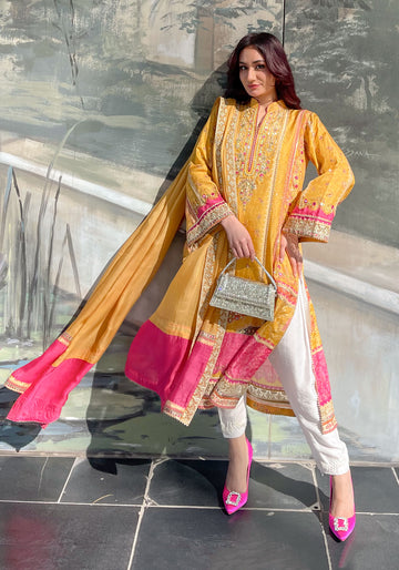 Mustard Print Shirt and Dupatta