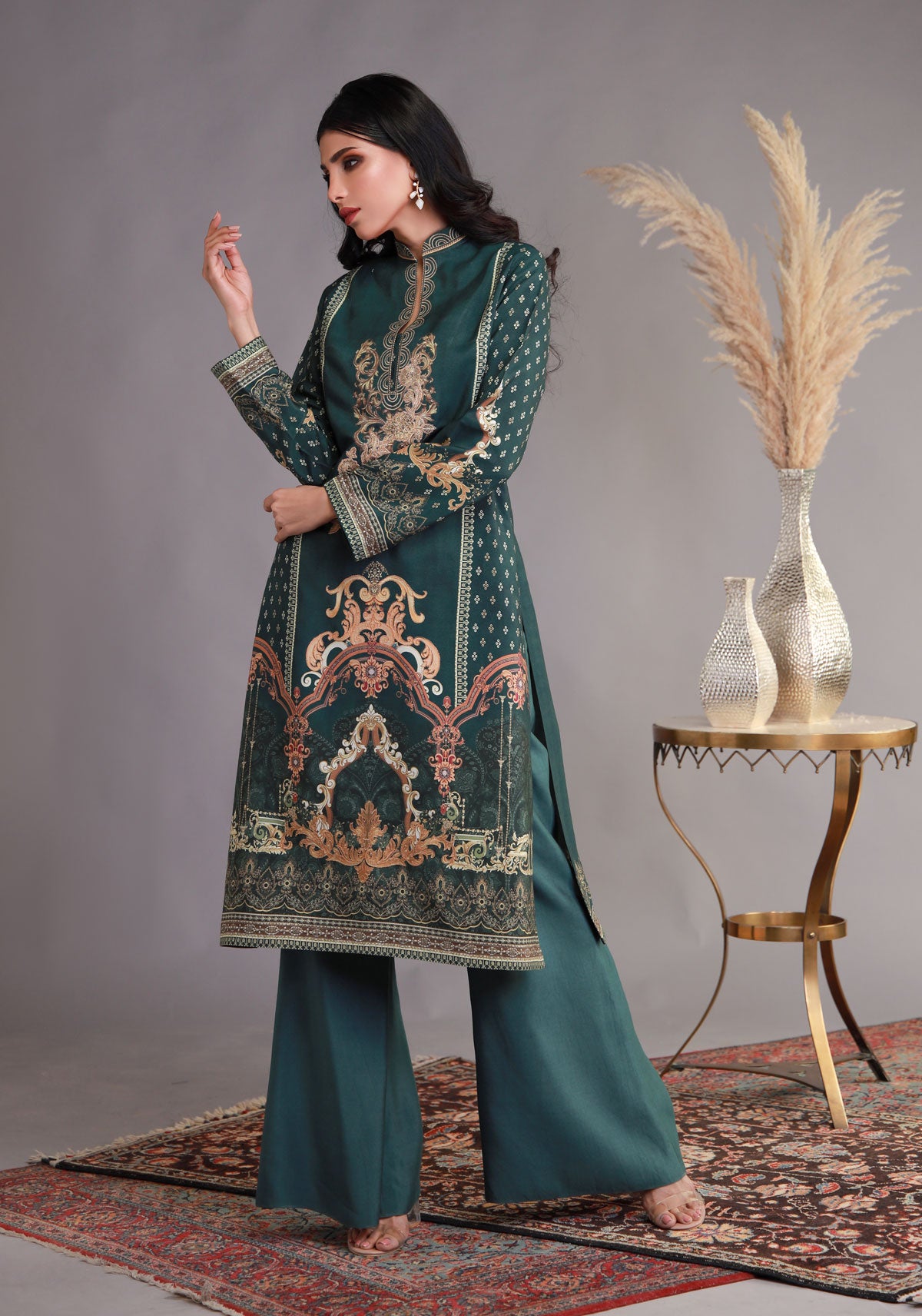 Traditional Emerald Green Long Shirt with Trousers