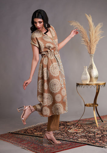 Knee-Length Tunic Beige with Matching Straight-Cut Trousers