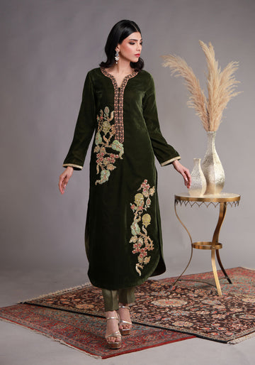 Deep Green Velvet Kurta Outfit