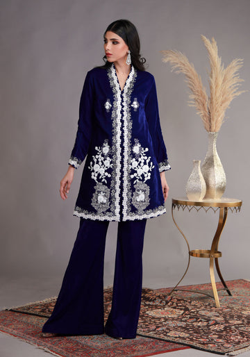 Deep Royal Blue Long Kurta Velvet Outfit with Floral Embroidery