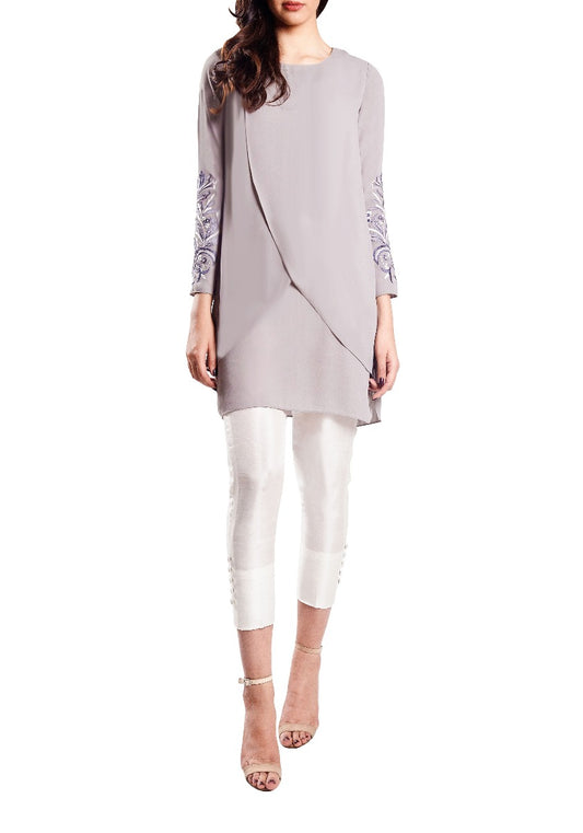 Bello - Embroidered Sleeves Grey Cross Over Tunic