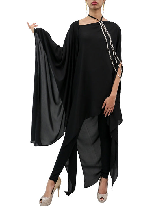 Black drape shirt with embellished chain