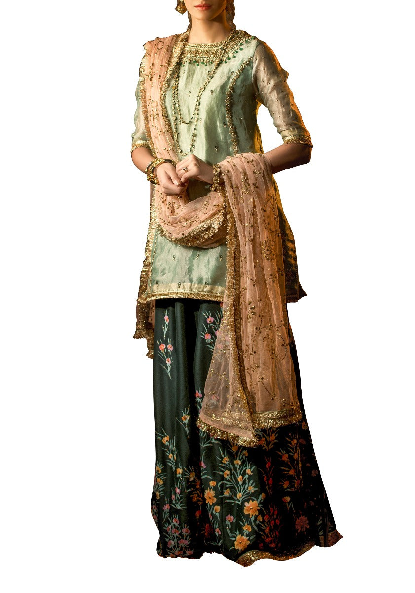 Blush Pink Dupatta with Mint Green Shirt Paird Dark Green Sharara