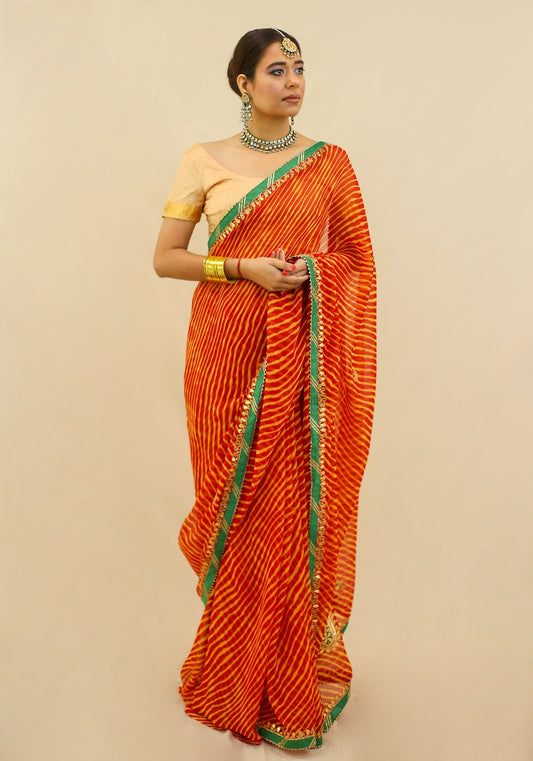 Red and Yellow Leheriya Saree