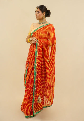 Red and Yellow Leheriya Saree