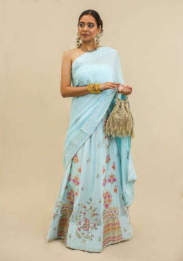 Sky Blue Banarasi Semi Stitched Lehenga