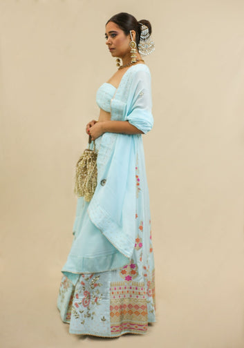 Sky Blue Banarasi Semi Stitched Lehenga