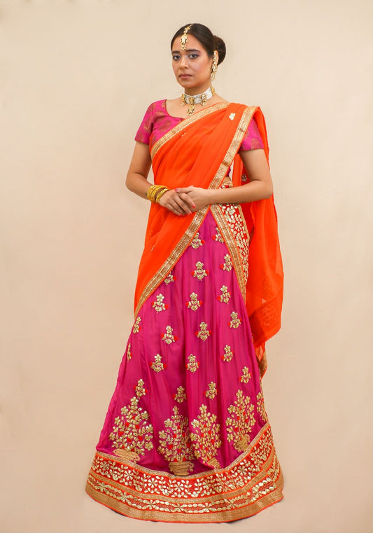 Fuschia Color Block Semi Stitched lehenga