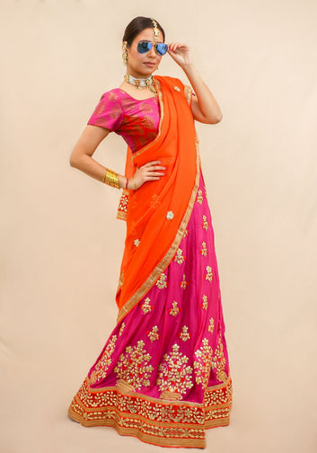 Fuschia Color Block Semi Stitched lehenga