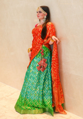 Green Ombre Bandhani Semi Stitched Lehenga 3pc