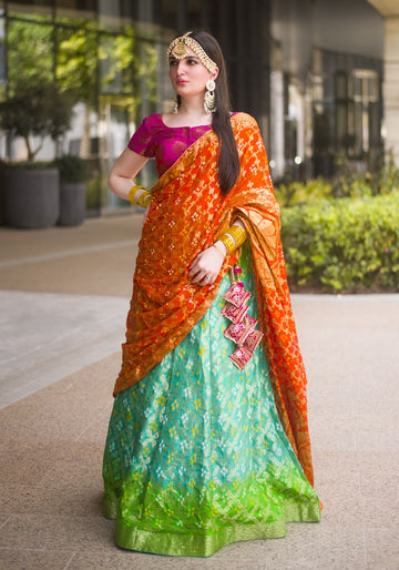 Green Ombre Bandhani Semi Stitched Lehenga 3pc