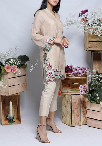 Lilium - Two Piece Canvas Tunic with Floral Embroidery