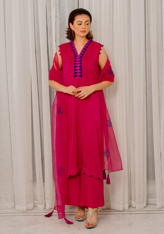 Fuchsia Pink Bead Work Suit