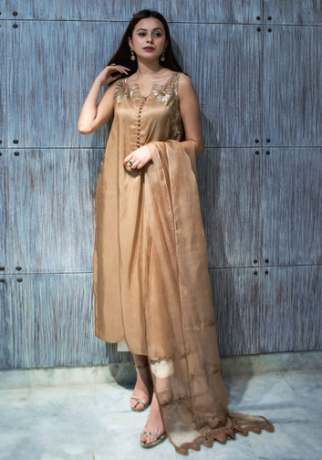 Beige Embellished Raw Silk Set