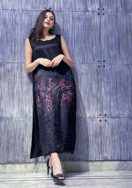 Black Embellished Raw Silk Set