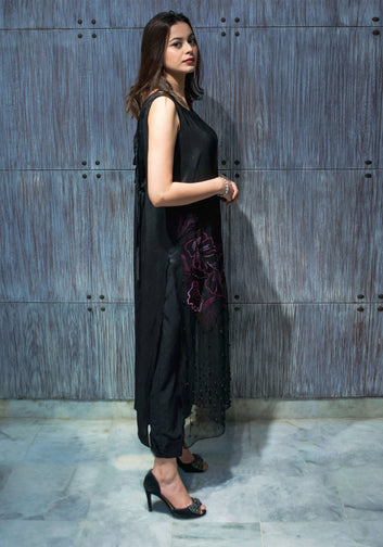 Black Embellished Raw Silk Set