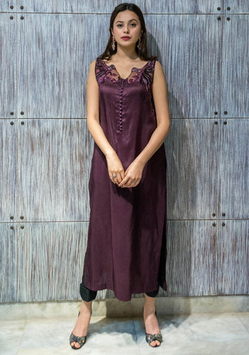 Plum Embellished Raw Silk Set