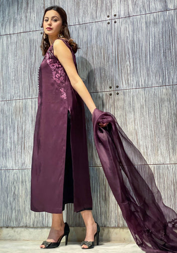 Plum Embellished Raw Silk Set