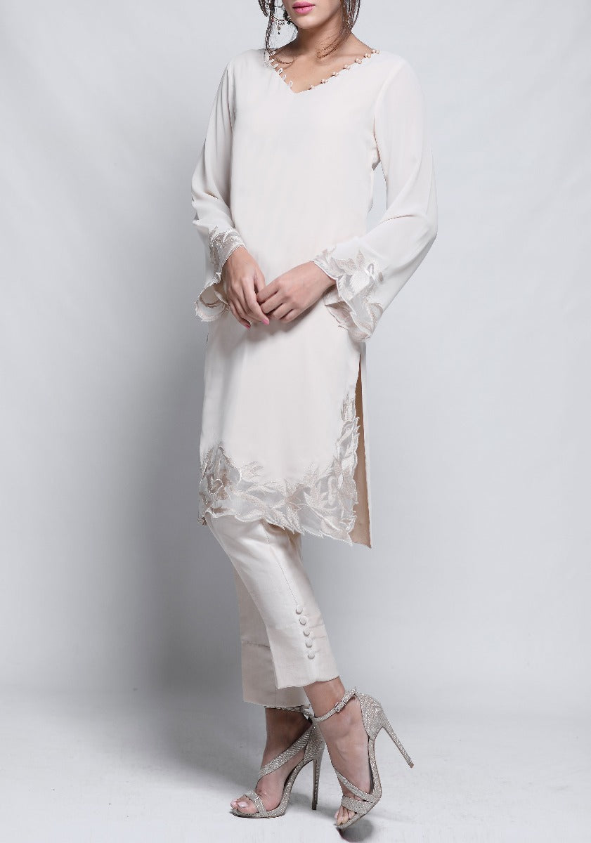 Mar - 2 Piece Cream Georgette Tunic  with Raw Silk Pants
