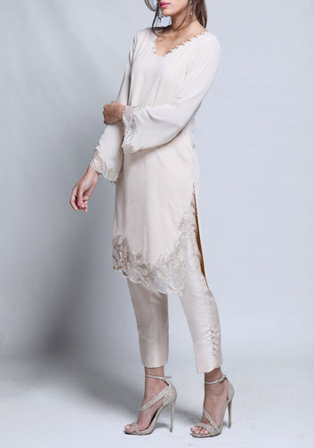 Mar - 2 Piece Cream Georgette Tunic  with Raw Silk Pants