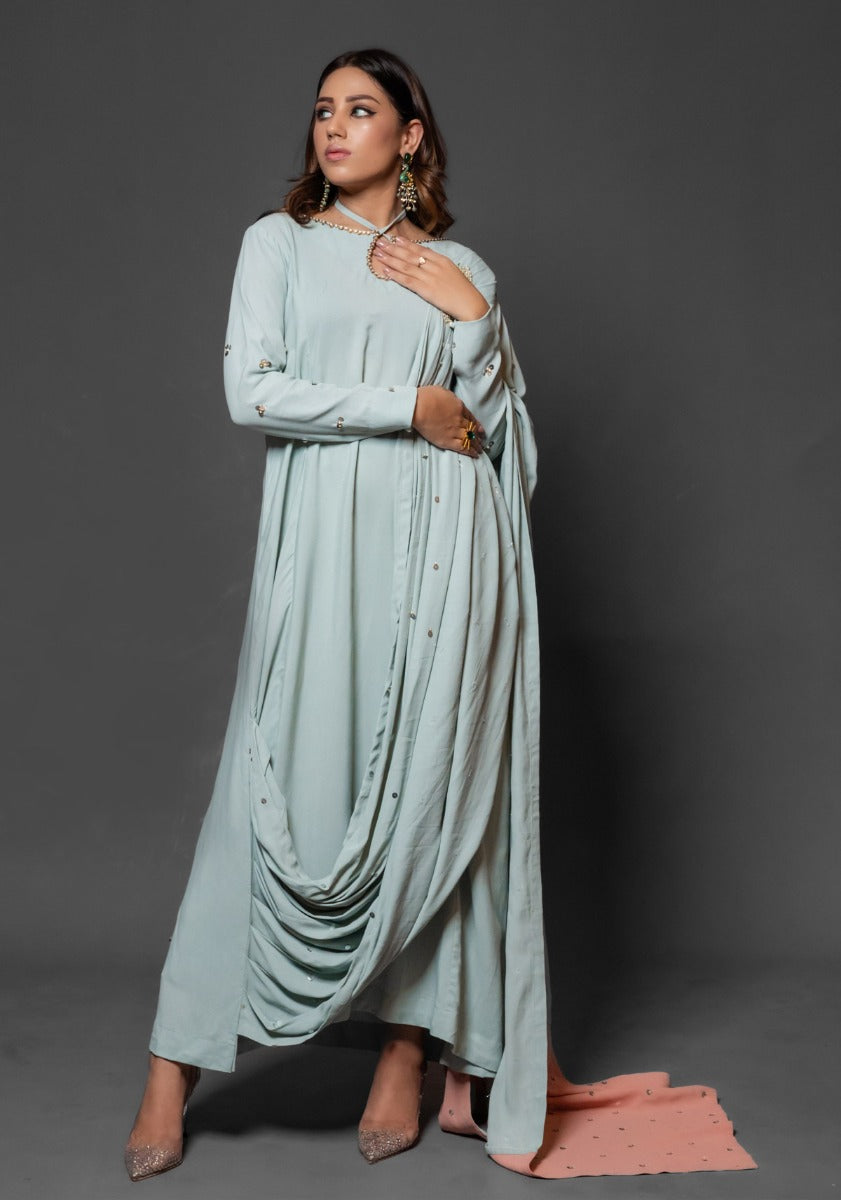 Pure Crepe & Georgette Blue Dress