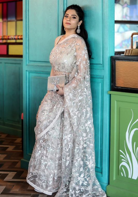 Beige Embellished Saree