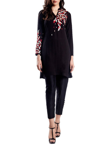 Pino - Multi Coloured Embroidered Black Chiffon Tunic