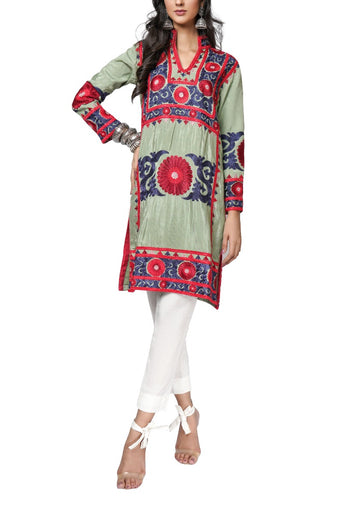 Suzani Silk Floss Embroidered Sage Green Traditional Kurta