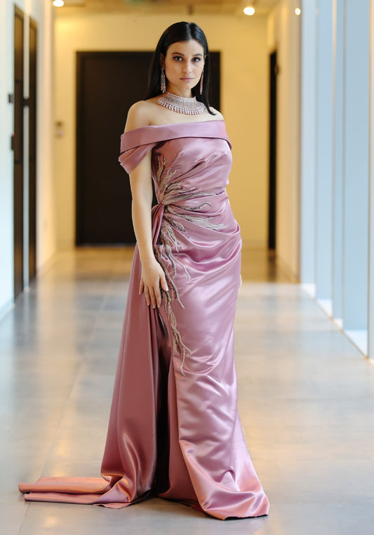 Shiny Rose Pink Off Shouldergown